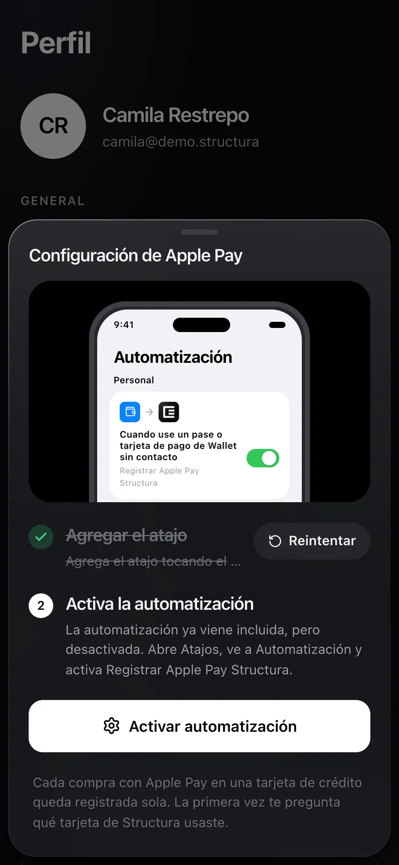 Configuración de Apple Pay en Structura: agregar el atajo y activar la automatización