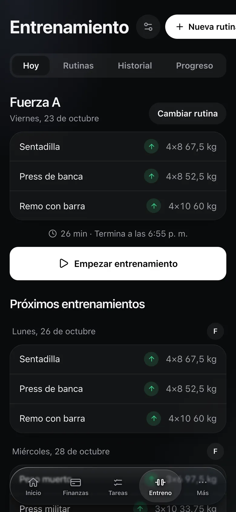 Entrenamiento de hoy con la progresión de cada ejercicio