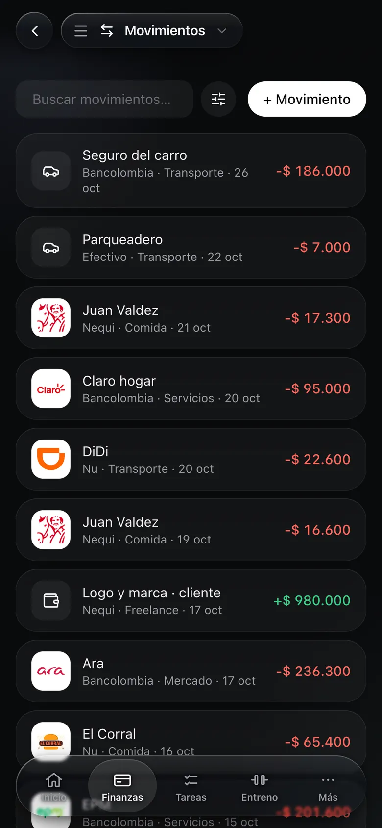Lista de movimientos con logos de cada comercio