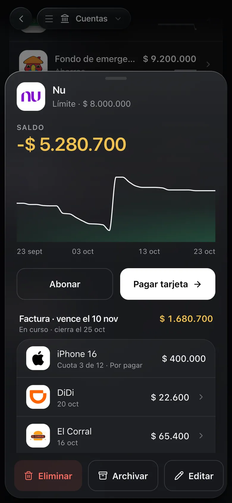 Detalle de la tarjeta Nu con su factura, cuotas y compras