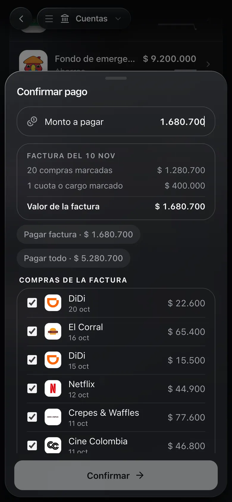 Pagar tarjeta con el valor de la factura y las compras marcadas