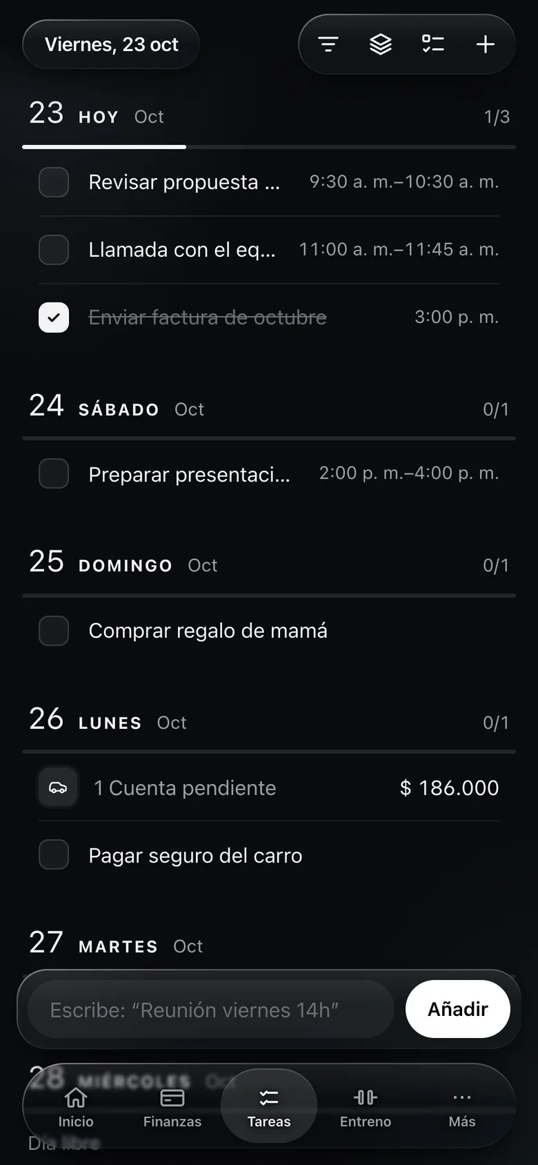 Tareas de la semana agrupadas por día